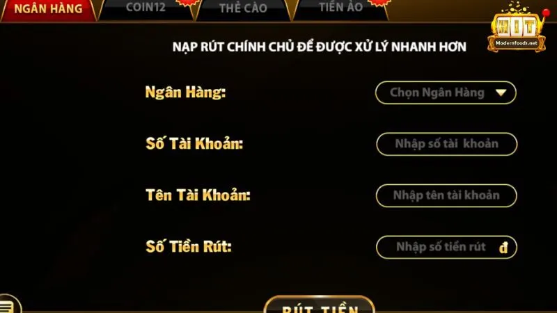 Rút tiền Hitclub qua ngân hàng thương mại